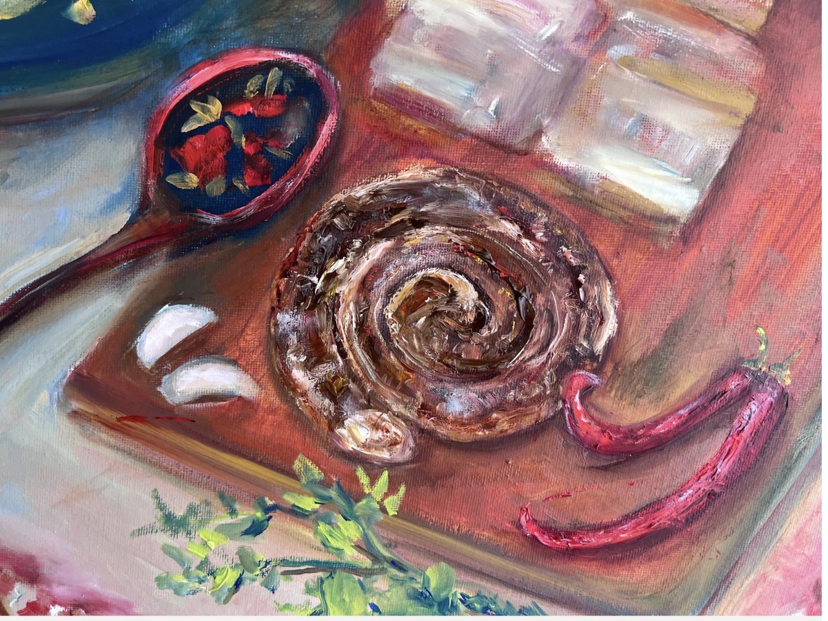 Detail of Ukrainian Lunch. Borscht painting — homemade sausage, salo, garlic and red chilli